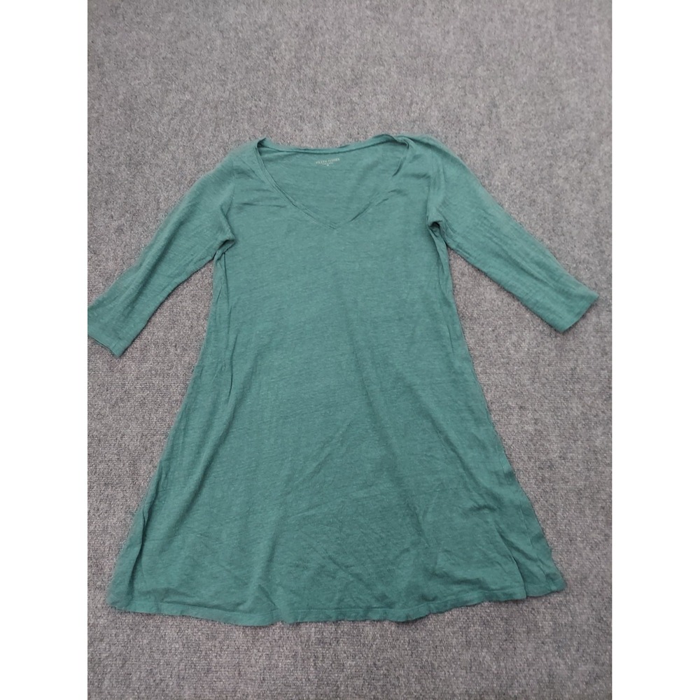 Eileen Fisher Tunic Top Womens XS Green V Neck 100% LINEN 3/4 Sleeve Lagenlook